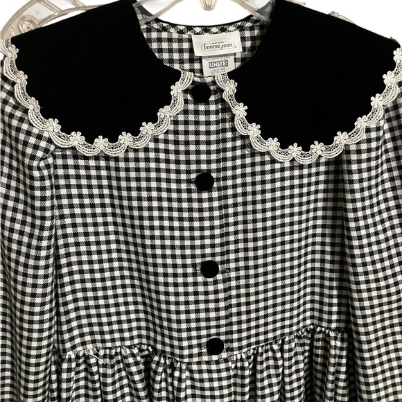 VTG Bonnie Jean Black Checkered Party Dress Velvet Lace Collar Girls Size 16 - Picture 4 of 7